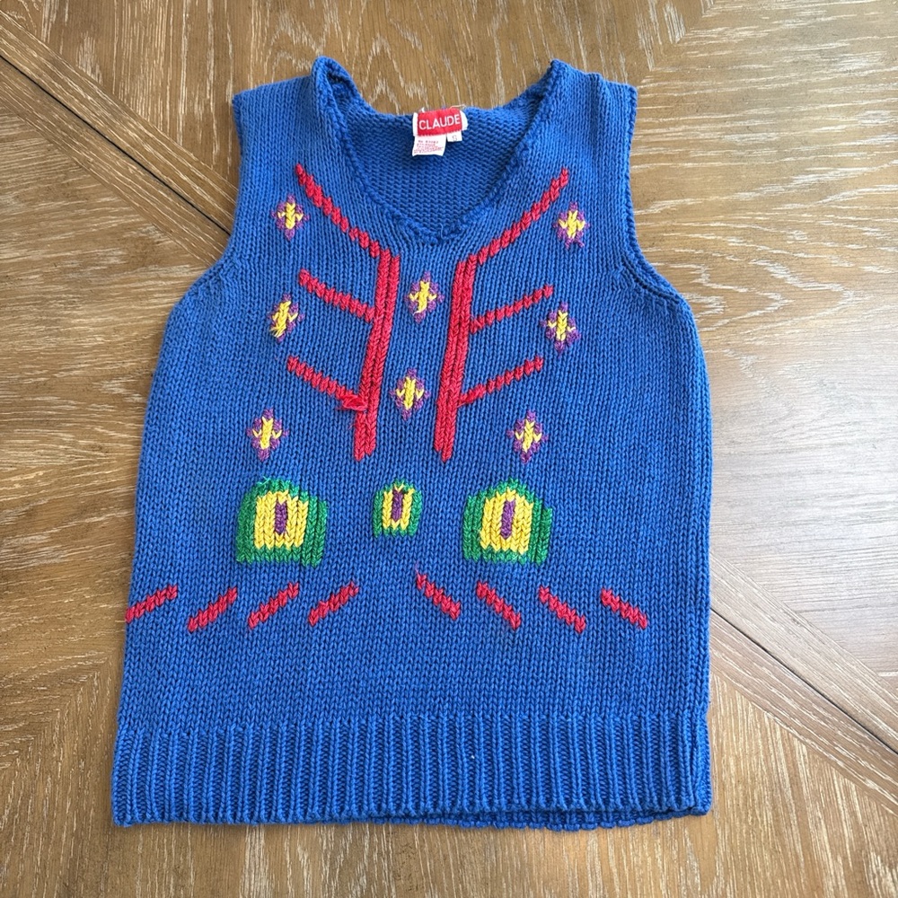 Vintage Claude Blue Knit Sleeveless Sweater Vest with Multicolor Embroidery
